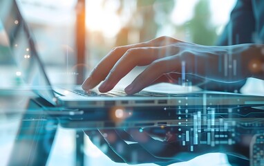 Close-up of hands typing on a laptop with a holographic data overlay. Technology, digital work, and data processing.
