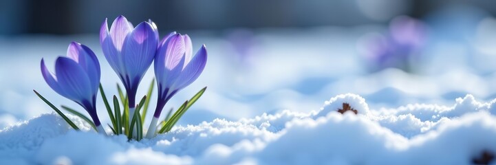 Fototapeta premium Soft blue crocus flowers blooming in pristine snow with saffron stamen, white, blue