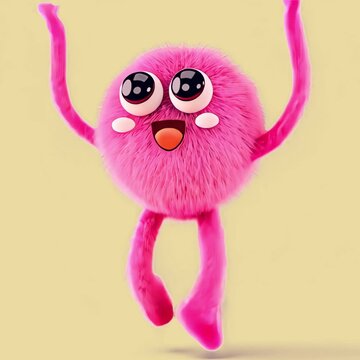 Pink fluffy character celebrating animated overlay, transparent 4K video, alpha channel, ProRes 4444