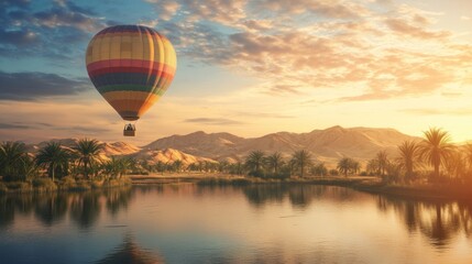 Hot Air Ballooning Above Lake Surrounded by Palm Trees and Desert