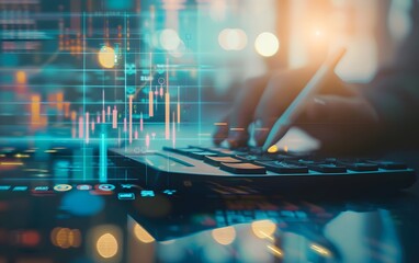 Calculating with holographic stock charts overlay. Finance, investment, and digital economy analysis.