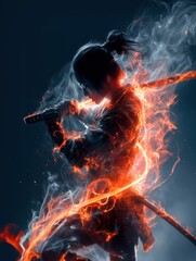 Asian female warrior in samurai armor drawing flaming katana surrounded by swirling smoke and glowing fire in dramatic pose