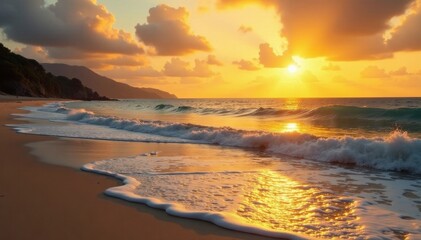 Fototapeta premium Golden sunset paints tranquil beach, soft waves lap shore , sky, color, beach