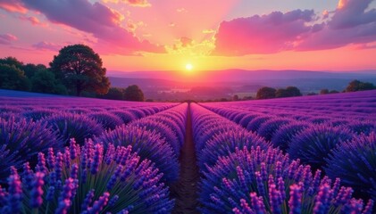 Sunset hues paint lavender field, breathtaking vista , horizon, France