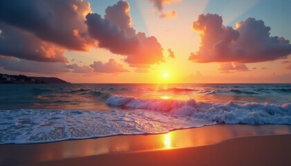 Sunset over tranquil bay, soft waves caress sand, vacation, idyllic, ocean