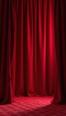 Crimson velvet stage curtains, cutouts reveal backdrop, glimpse, abstract