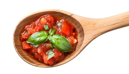 Wooden spoon filled with vibrant tomato sauce, garnished with fresh basil