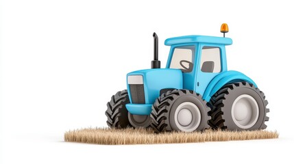 Obraz premium Light Blue Toy Tractor on Tan Hay Against White Background