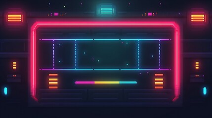 Pixelated retro interface with neon glows and a dark futuristic vibe