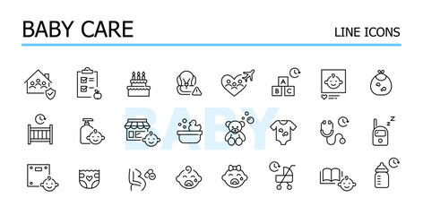 Baby care, childhood and parenting icons set. Line art vector designs