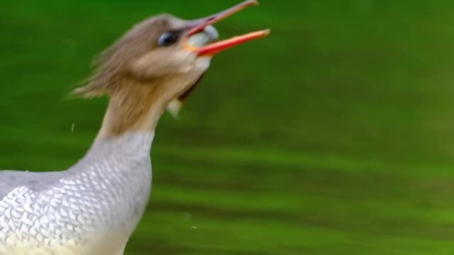 A Chinese merganser is fishing 