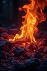 Fiery embers glowing, dark background with bright accents , coal, burning, intense glow