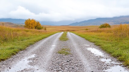 Fototapeta premium Autumnal gravel road through a golden field