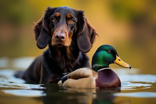 Boykin Spaniel proudly displays a retrieved mallard , active, pet