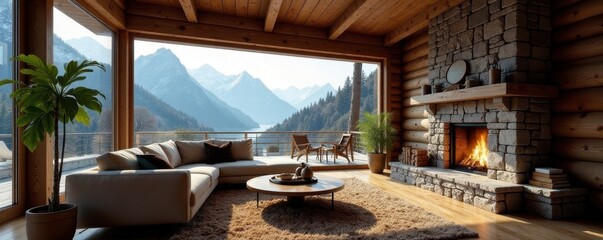 Fototapeta premium Spacious cabin living room with stone fireplace, large window showing mountain scenery , open plan, spacious, view