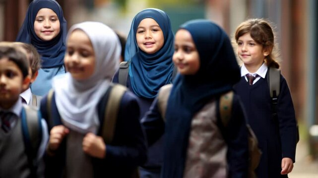 Group of joyful children in uniforms walking outdoors, captured at eye level. The video conveys a sense of unity and happiness in a school setting.