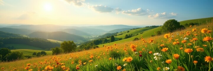 Fototapeta premium Sun-drenched meadow atop rolling hill, vibrant wildflowers , flora, landscape, clouds
