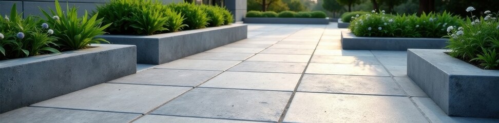 New gray concrete paving stones forming a courtyard, residential, patio