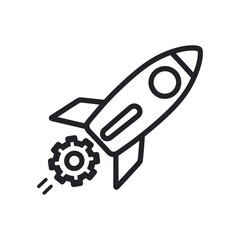 Rocket with gear icon in black line style representing startup launch, innovation, engineering, and technology development