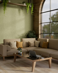 The laptop on wooden table with glass top and fabric sofas in cosy living room or a lounge with green wall.