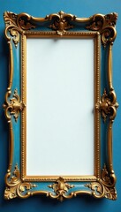 Elegant antique gold & blue picture frame, ornate details, baroque, art deco