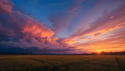 Captivating 4K Time-Lapse of Sunset Over a Field with Majestic Rolling Clouds and Nature&rsquo;s Light