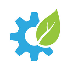 Eco-friendly technology icon with green leaf and blue gear symbolizing sustainable industry, innovation, and environmental engineering