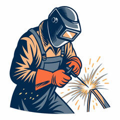 Create a bold, vector illustration of a welder in full protective gear, showcasing detailed equipment and a strong, dynamic pose.