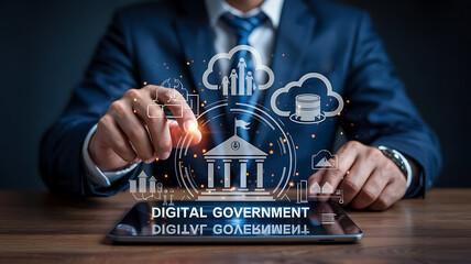 Digital Government Concept with Businessman Touching Tablet Displaying eGovernment Icons and Data, Cloud Services for Public Sector