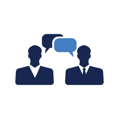 Business communication icon with two professionals and speech bubbles symbolizing discussion, collaboration, or teamwork