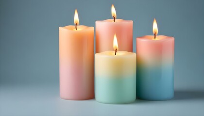 Three cylindrical candles of different colors, each with a lit flame, are arranged on a surface against a light blue background