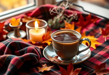 Fototapeta premium A steaming coffee in a cozy plaid setting with a candle and autumn leaves, flat lay photography, plaid