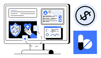 Computer screen displays healthcare app interface with medical and financial features. Ideal for telemedicine, insurance, data analysis, healthcare apps, pharmaceutical platforms, cost management