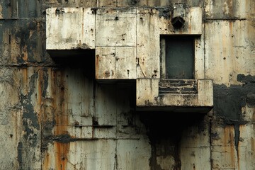 Rusted concrete structure with a small, weathered doorway and staircase