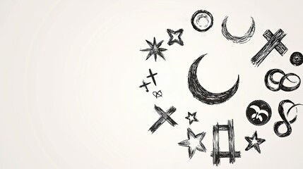 Various religious symbols in circular arrangement representing spiritual diversity