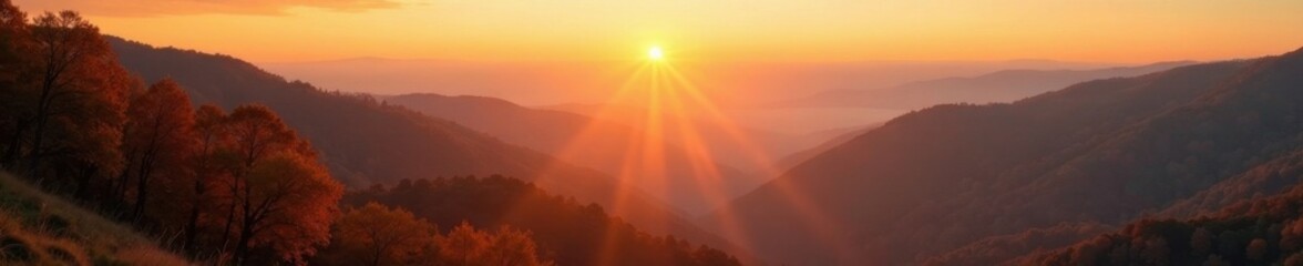 Misty autumn sunrise paints hills in gold and russet hues , moody, diffused light