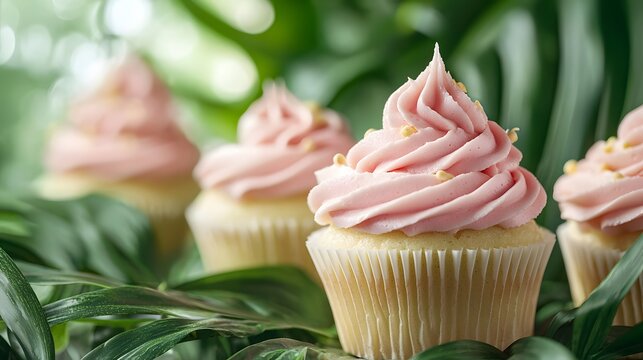 Delicious pink frosted cupcakes surrounded by vibrant green tropical leaves in a soft-focus background