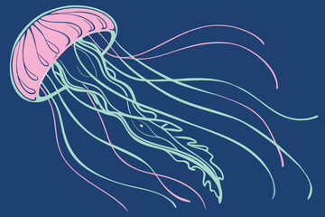 A glowing jellyfish with long, flowing tentacles, made entirely of neon lines  © farzana