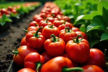 Vibrant red peppers & plump tomatoes line garden rows , green, farming, plantation