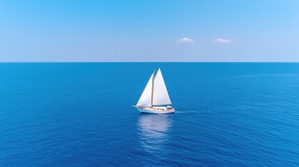 Naklejka premium A sailboat with white sails glides across a vast, deep blue ocean under a clear sky. The image is simple, featuring only the boat and water, with a minimalist composition. Its a high-quality photo wi
