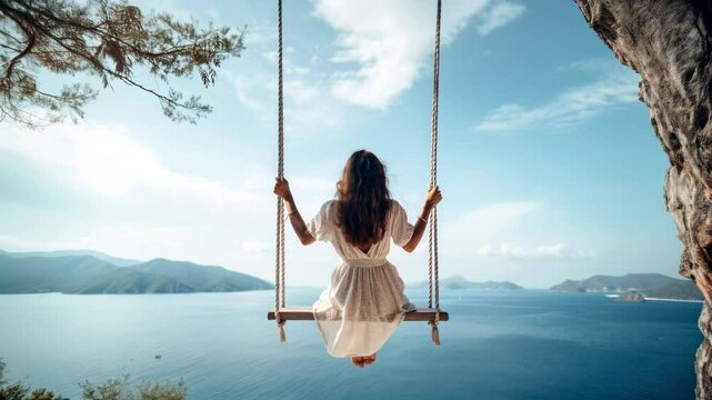 A woman on a swing overlooking the sea, captured from behind at a high angle. The video conveys freedom and tranquility in a serene landscape.