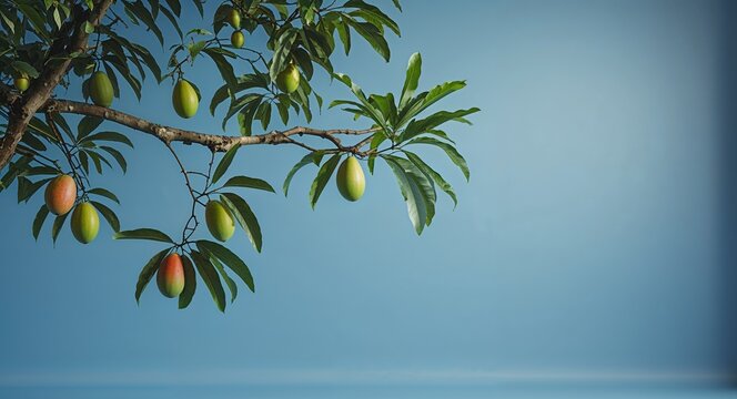 Mango tree branch on plain blue background with leaves and fruits nature food agri concept wide angle cinematic