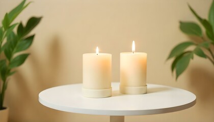 Two lit candles on a white round table, one on top of a smaller round platform, with a beige wall in the background, a plant on the left