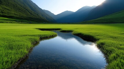 Obraz premium Serene valley with a clear stream winding through lush green grass. Tranquil mountain backdrop