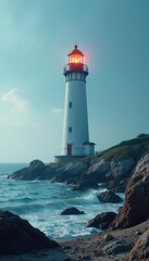 Obraz premium Solitary lighthouse, delicate washes, calming scene, brushstroke, ocean