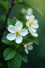 Obraz premium Delicate white blossoms, intricate leaves, refined design, white floral, botanical