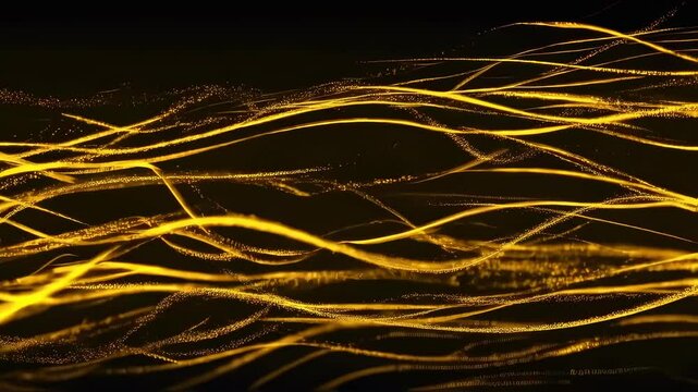 Abstract golden background with flowing wave-like motion, shimmering curves of golden light creating a dynamic rhythm, combined with a soft bokeh effect and shining defocused glitters.