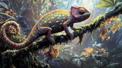 A chameleon perched on a moss-covered branch in madagascar, its colorful scales reflecting the light as it devours a tiny prey. Devoured Light. Illustration