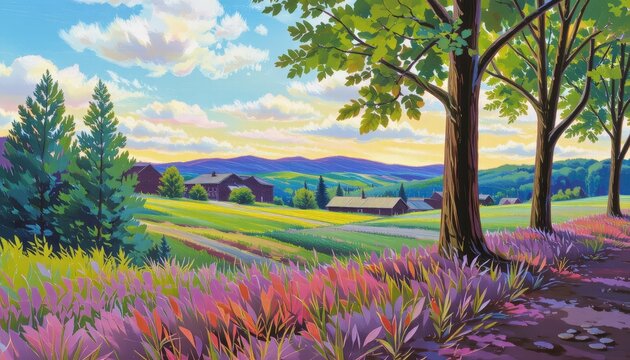 Colorful Summertime Village Landscape Painting