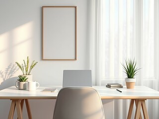 Fototapeta premium Bright Scandinavian Office Space with Minimal Decor, Clean Composition, and Serene Design,home office, Scandinavian style, minimalist desk, neutral decor, ergonomic chair, modern workspace, clean line